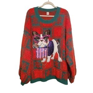 Holiday Time | Women's Red and Green Bulldog Crewneck Sweater (Size 3X)